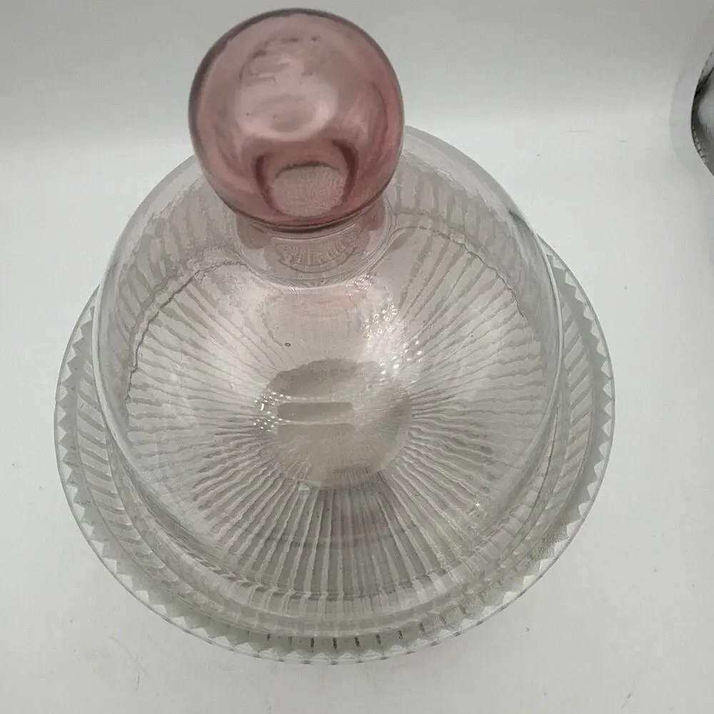 Clear & Pink Glass Pedestal Cake Stand w/ Round Dome Lid Cloche 2pc
